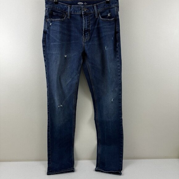 Old Navy Men's Slim Built In Flex Jeans Medium Blue Wash Size 34 X 34 Distressed - Picture 1 of 13